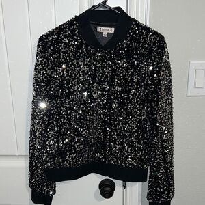 Nanette Lepore Sparkling Sequin Black Bomber Jacket